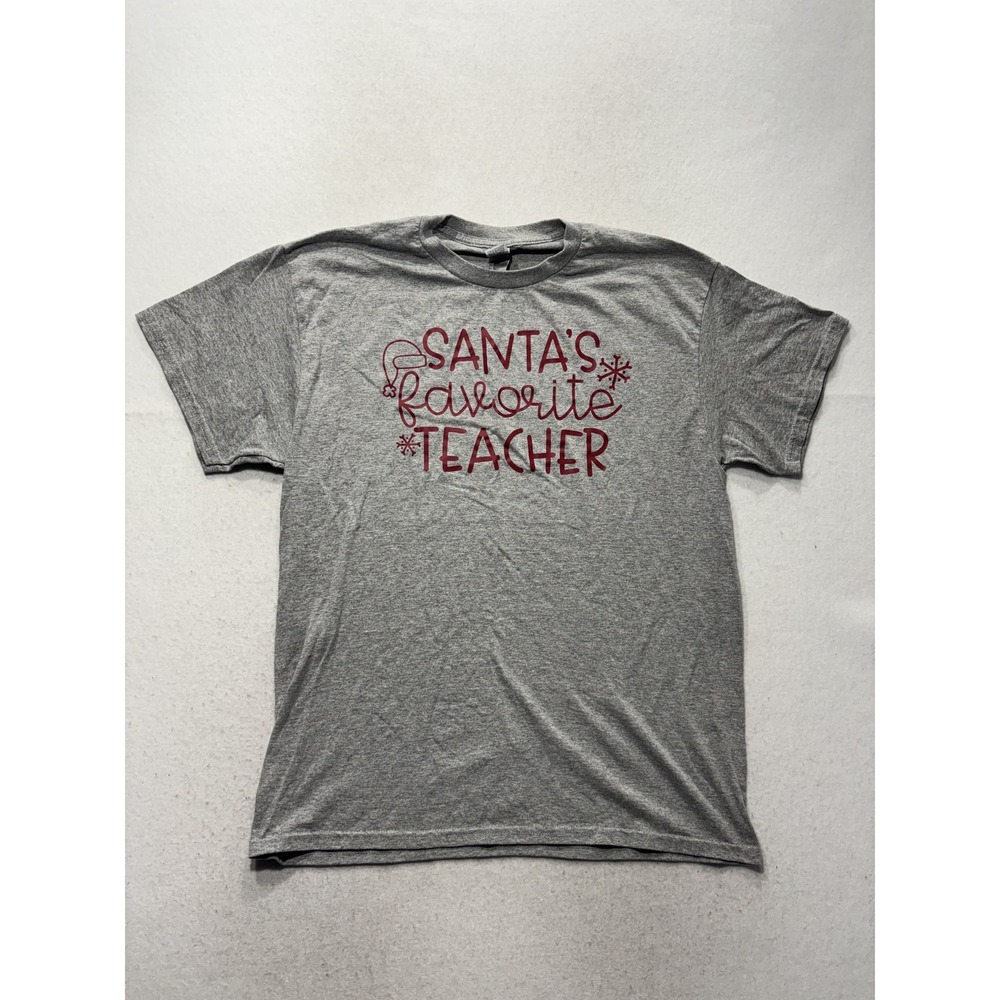 Gildan Shirt Mens Large Gray Santa's Favorite Teacher Graphic Tee Christmas